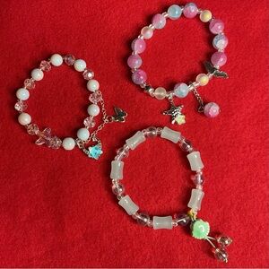 Beaded (Glass) Stretch Bracelets with Charms - Set of 3 - (Style: 023) - NEW